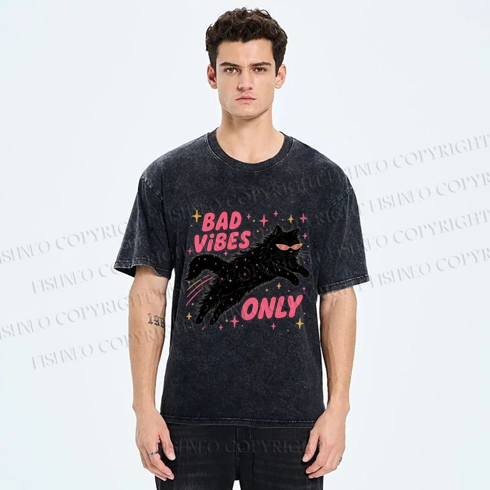 Unisex Black Cat Vibes Only Printed Washed Tee