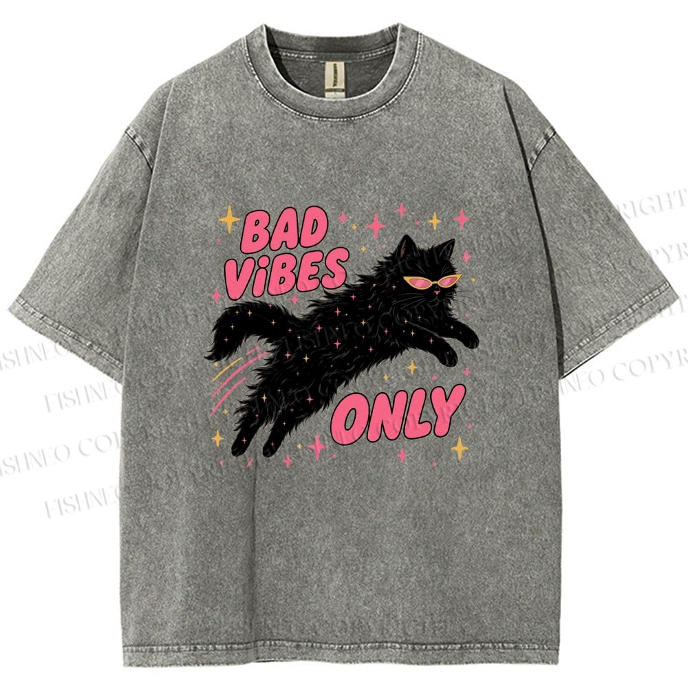 Unisex Black Cat Vibes Only Printed Washed Tee