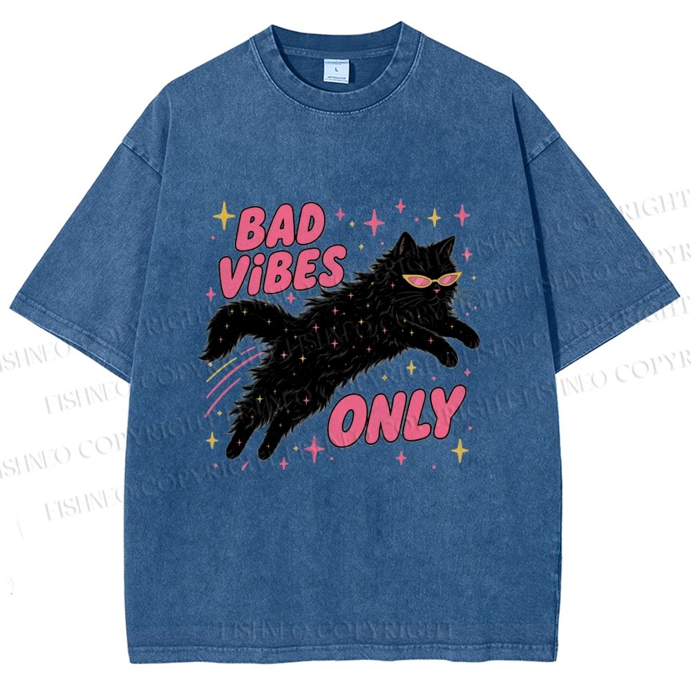 Unisex Black Cat Vibes Only Printed Washed Tee