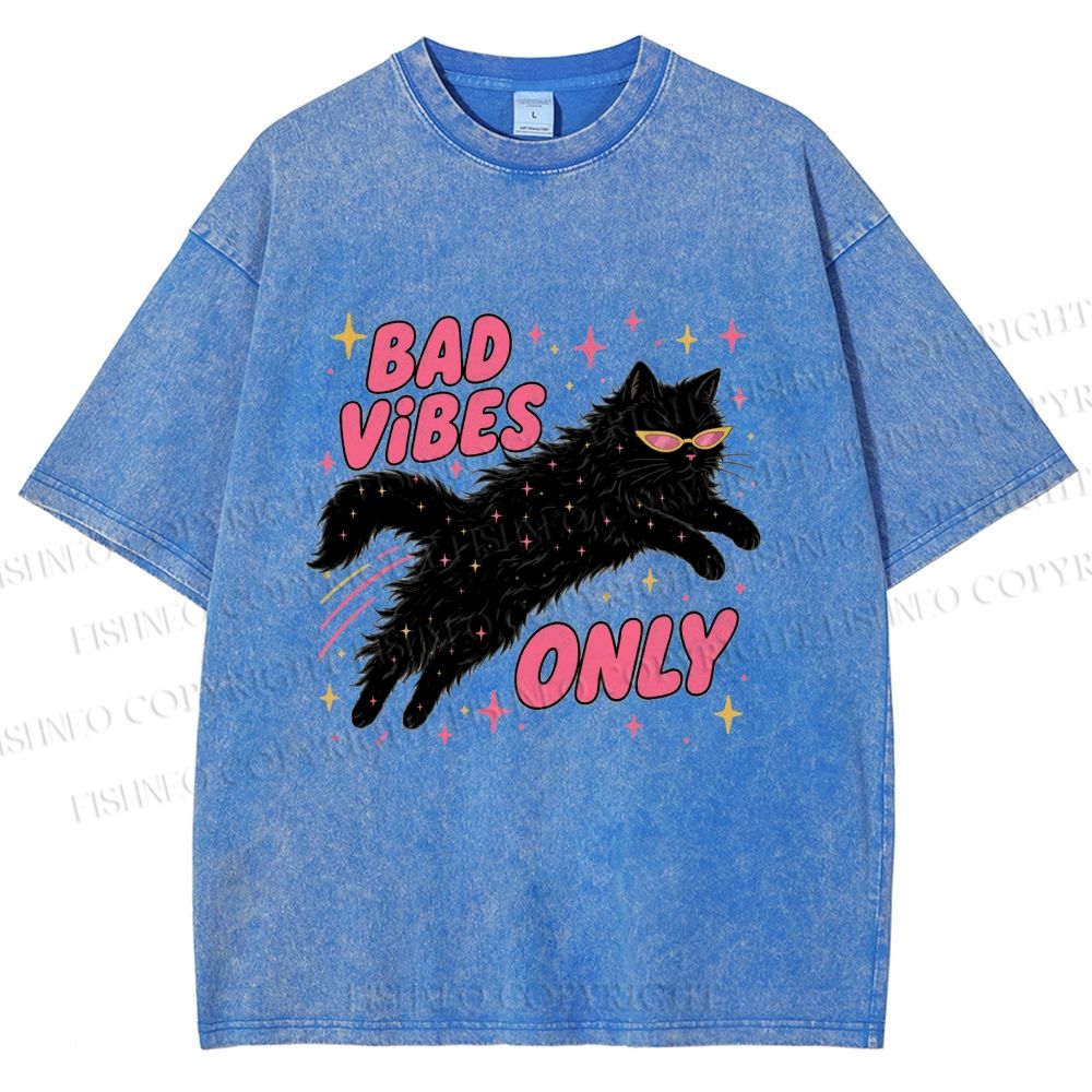 Unisex Black Cat Vibes Only Printed Washed Tee