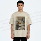Unisex Reading Ginger Cat Printed Washed Tee
