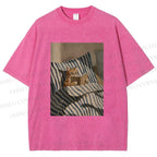 Unisex Reading Ginger Cat Printed Washed Tee