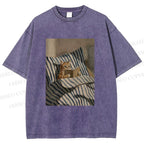 Unisex Reading Ginger Cat Printed Washed Tee