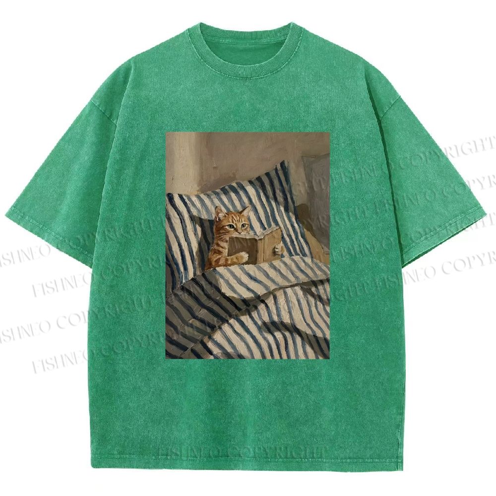 Unisex Reading Ginger Cat Printed Washed Tee