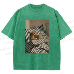 Unisex Reading Ginger Cat Printed Washed Tee