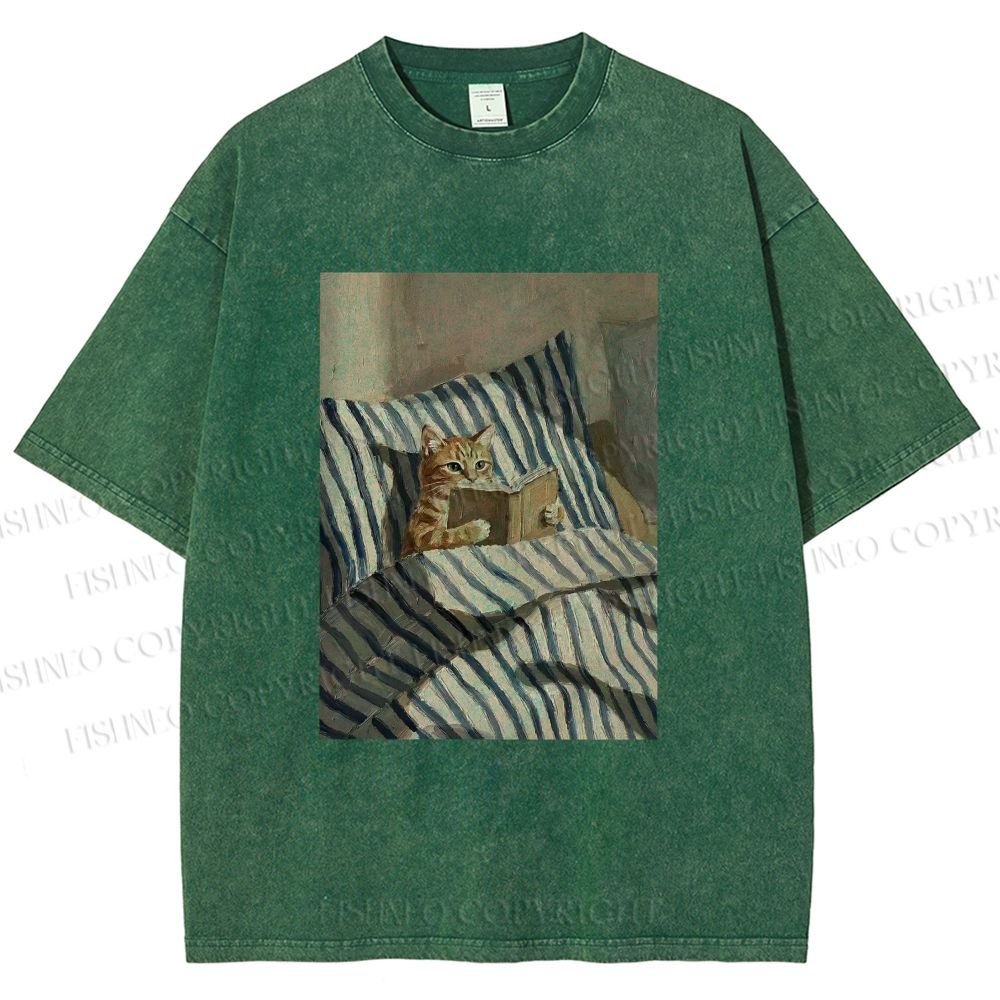 Unisex Reading Ginger Cat Printed Washed Tee