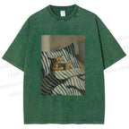 Unisex Reading Ginger Cat Printed Washed Tee