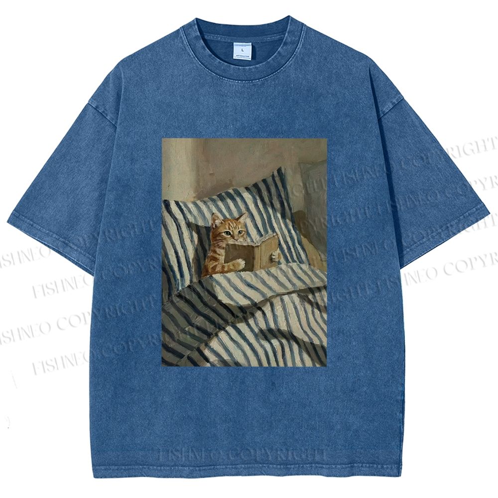 Unisex Reading Ginger Cat Printed Washed Tee