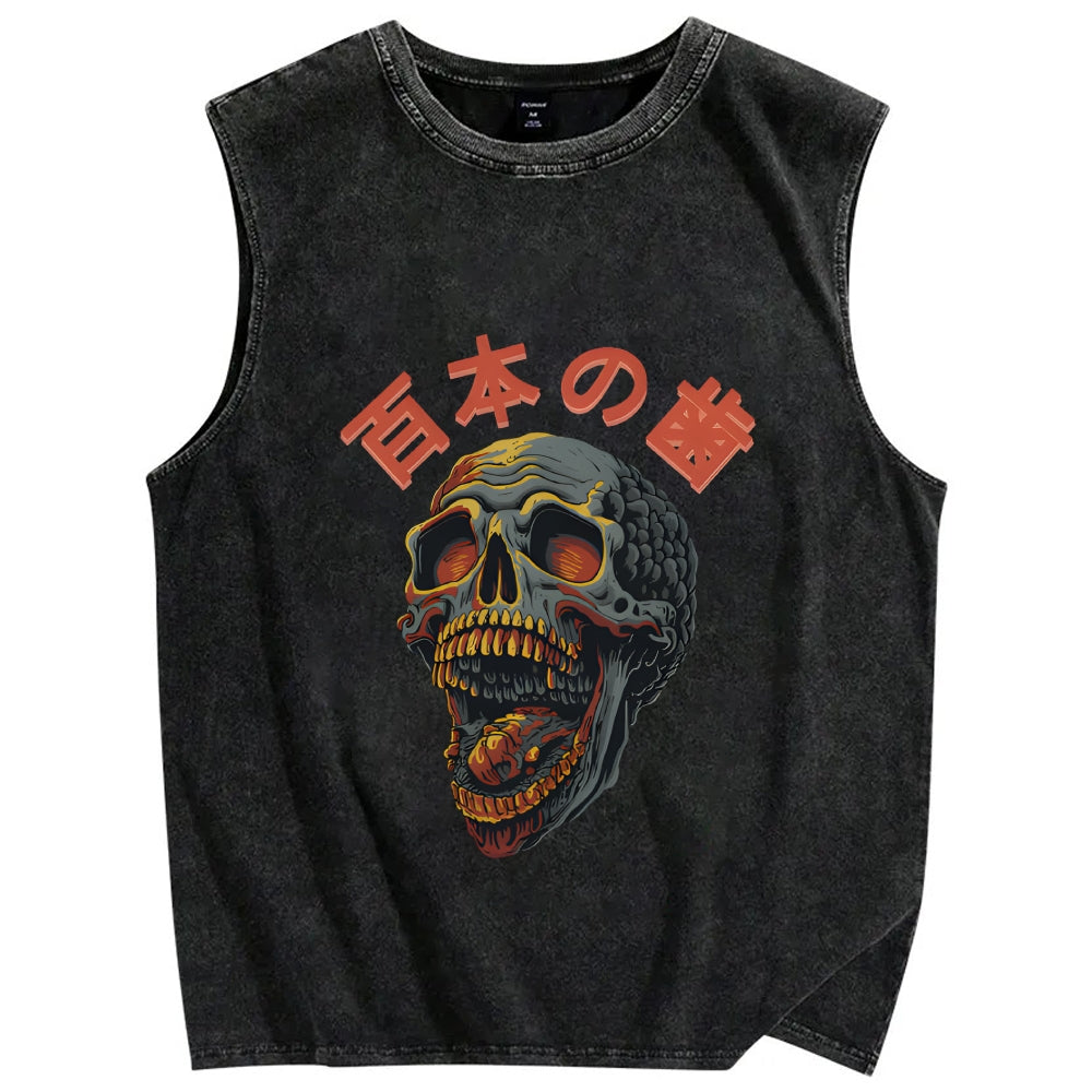 Japanese Style Skull Vintage Distressed Washed Tank Top