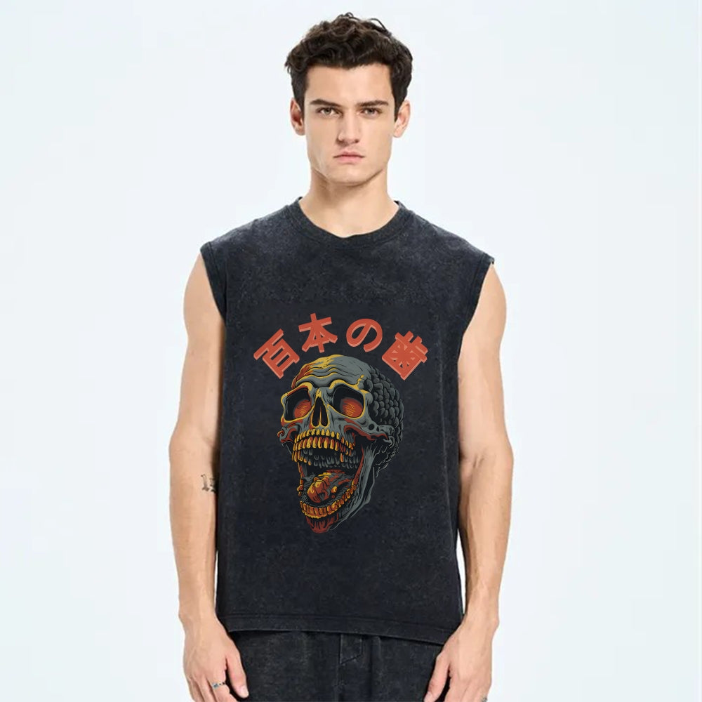 Japanese Style Skull Vintage Distressed Washed Tank Top