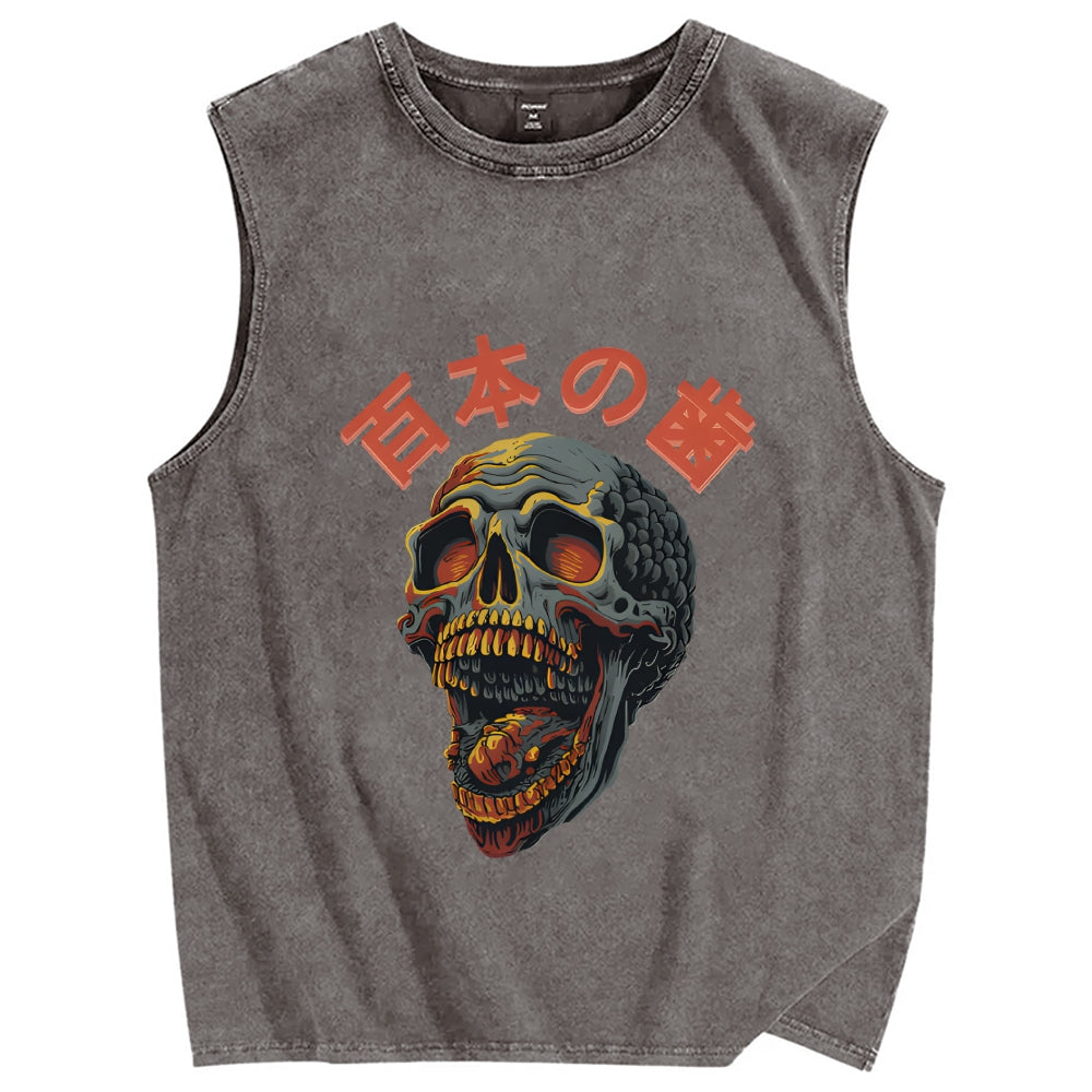 Japanese Style Skull Vintage Distressed Washed Tank Top