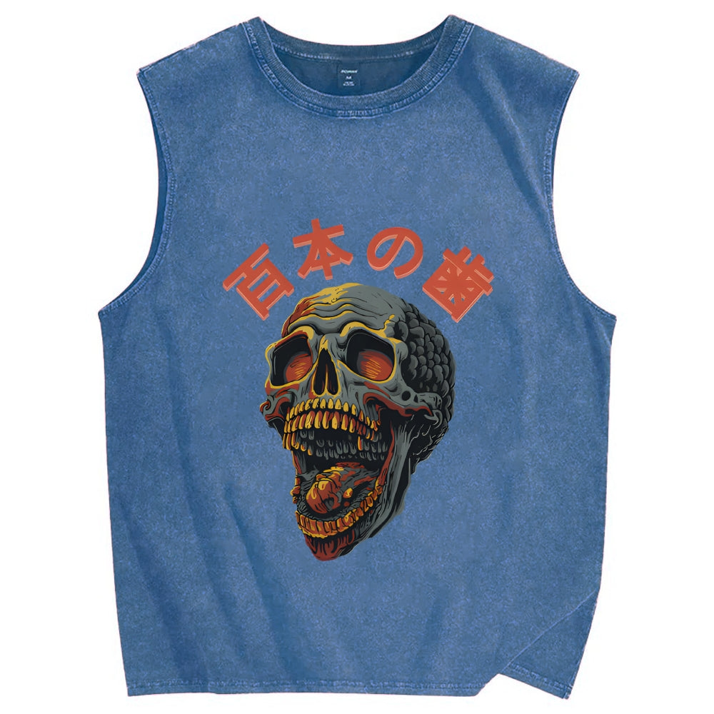 Japanese Style Skull Vintage Distressed Washed Tank Top