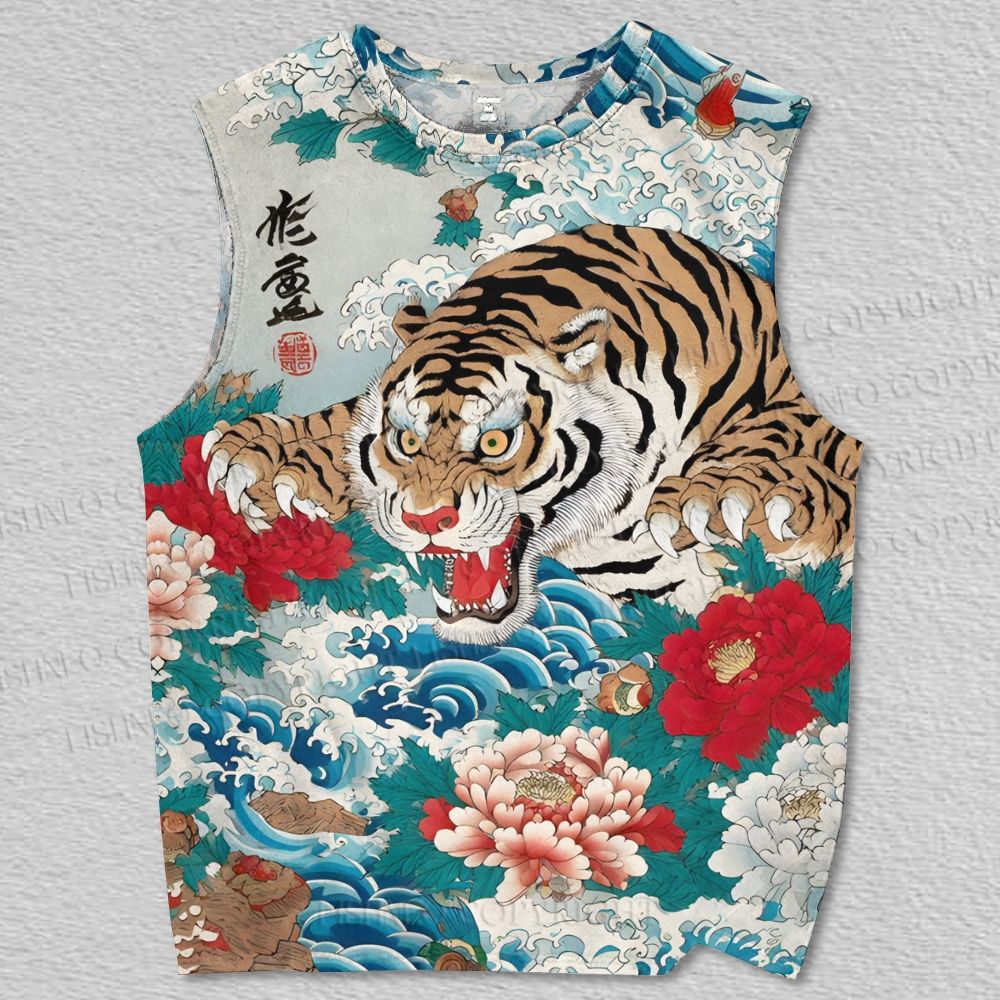 Unisex Tiger In The Flower Waves Printed Tank Top