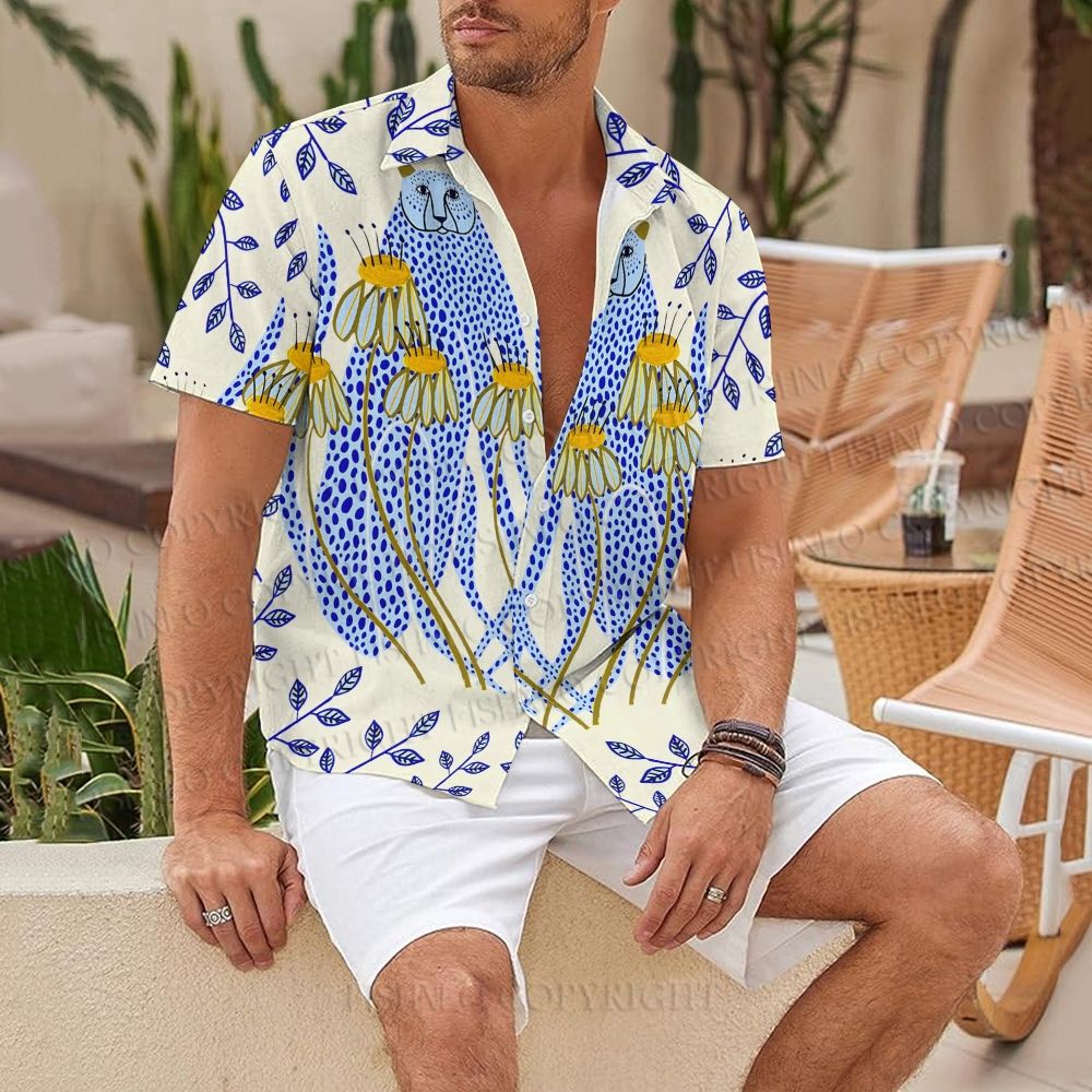 Blue Cheetah And Daisy Hawaiian Shirt
