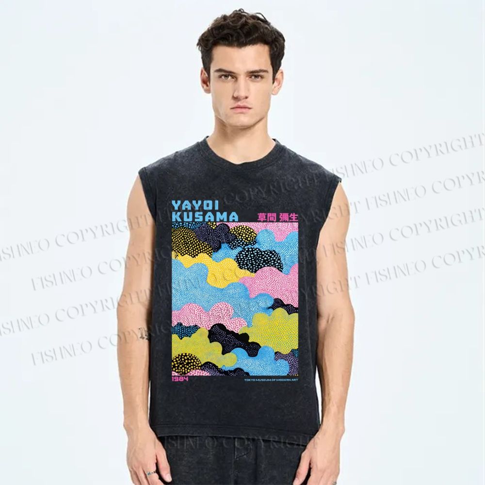 Unisex Yayoi Kusama Multicolor Clouds Printed Washed Tank Top