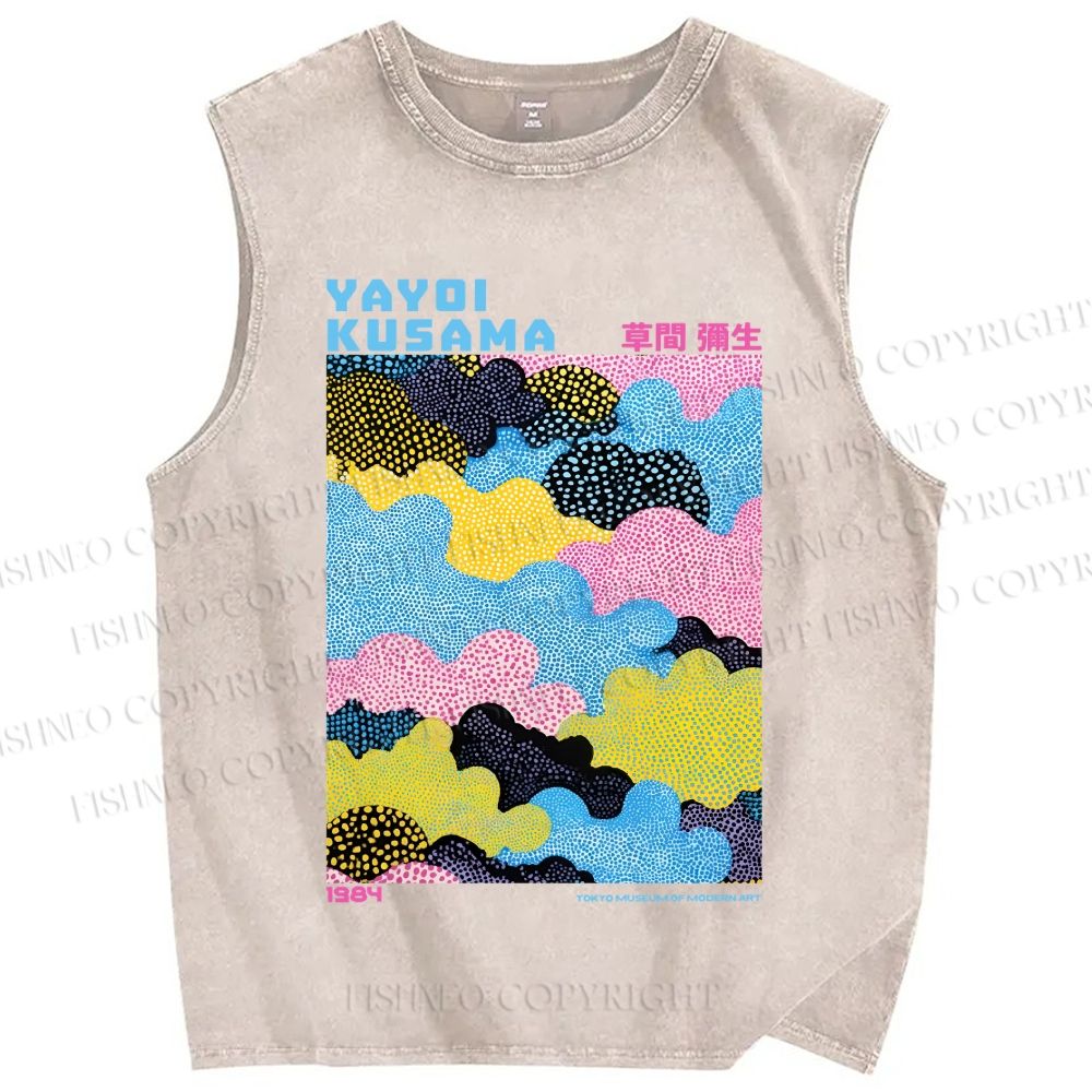 Unisex Yayoi Kusama Multicolor Clouds Printed Washed Tank Top