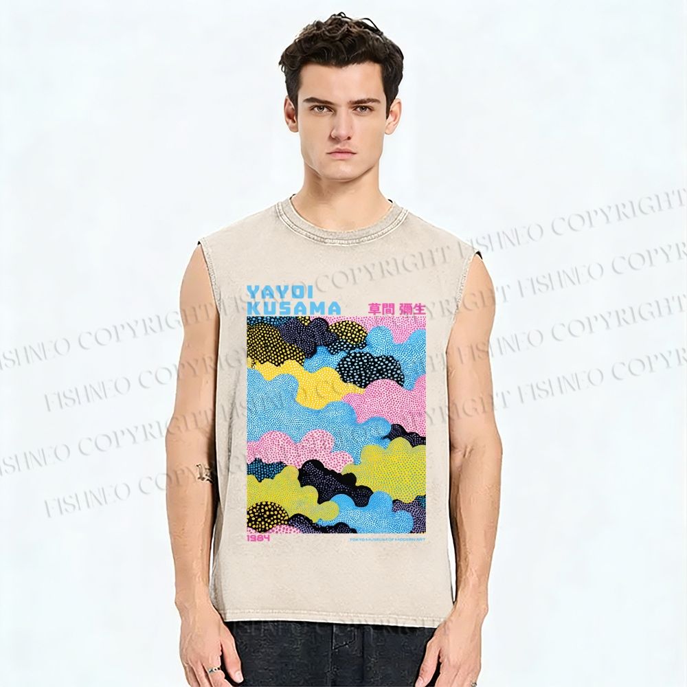 Unisex Yayoi Kusama Multicolor Clouds Printed Washed Tank Top