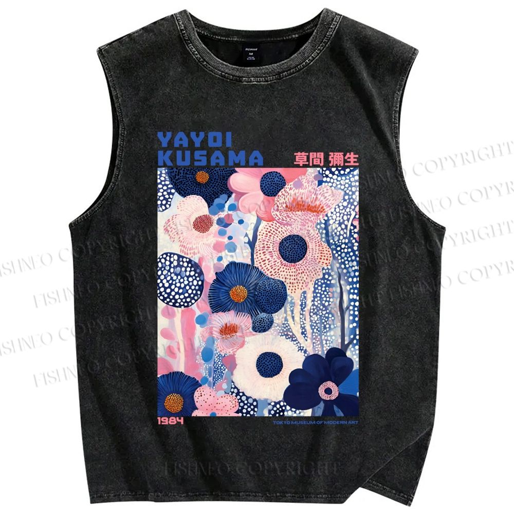 Unisex Yayoi Kusama Blue Pink Flowers Printed Washed Tank Top