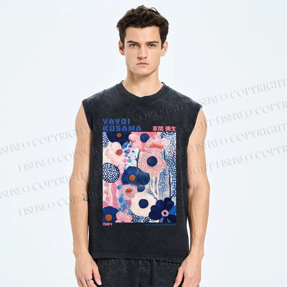 Unisex Yayoi Kusama Blue Pink Flowers Printed Washed Tank Top