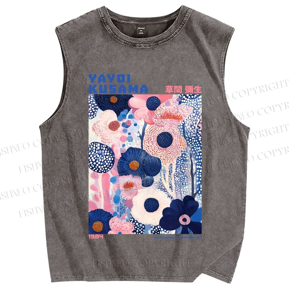 Unisex Yayoi Kusama Blue Pink Flowers Printed Washed Tank Top