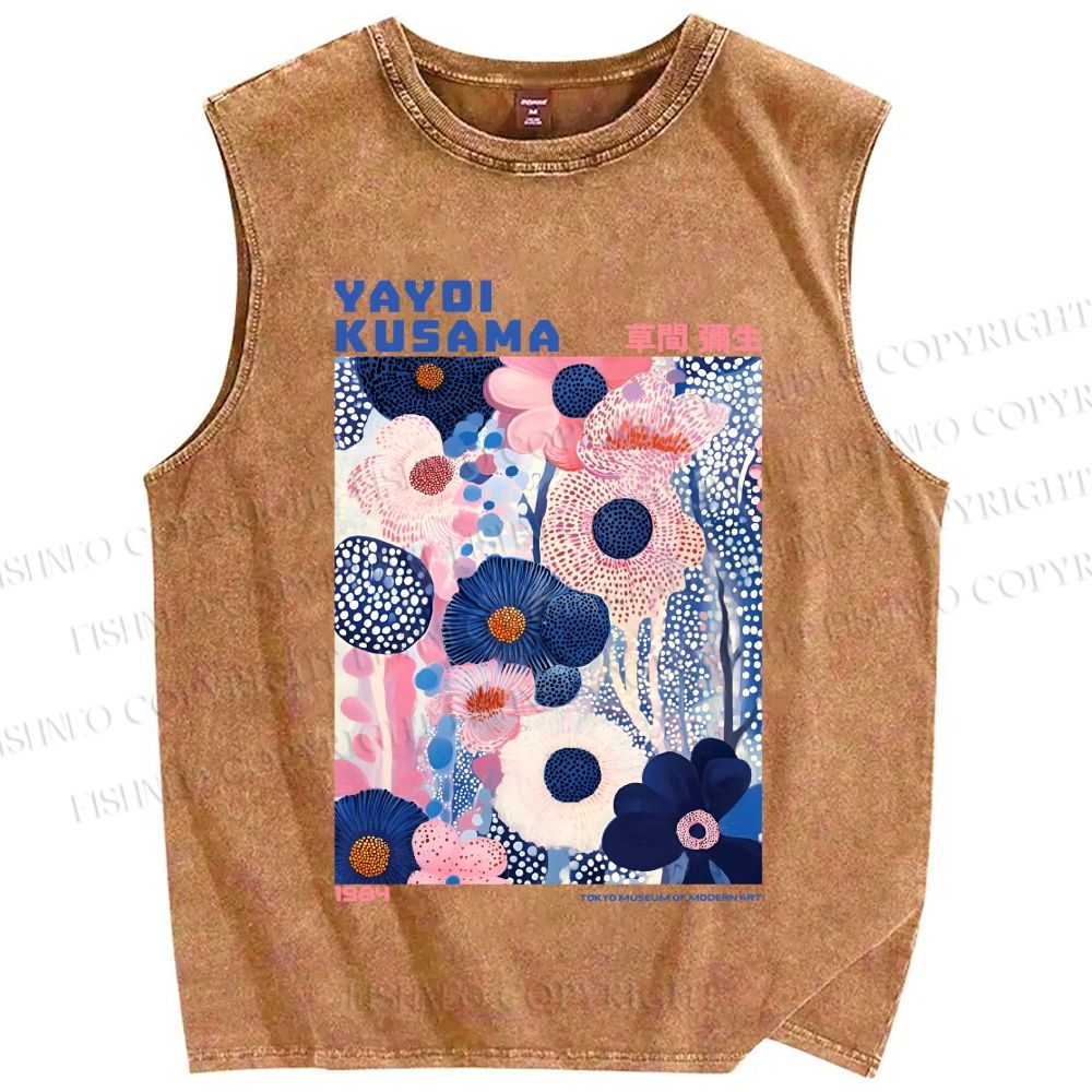 Unisex Yayoi Kusama Blue Pink Flowers Printed Washed Tank Top