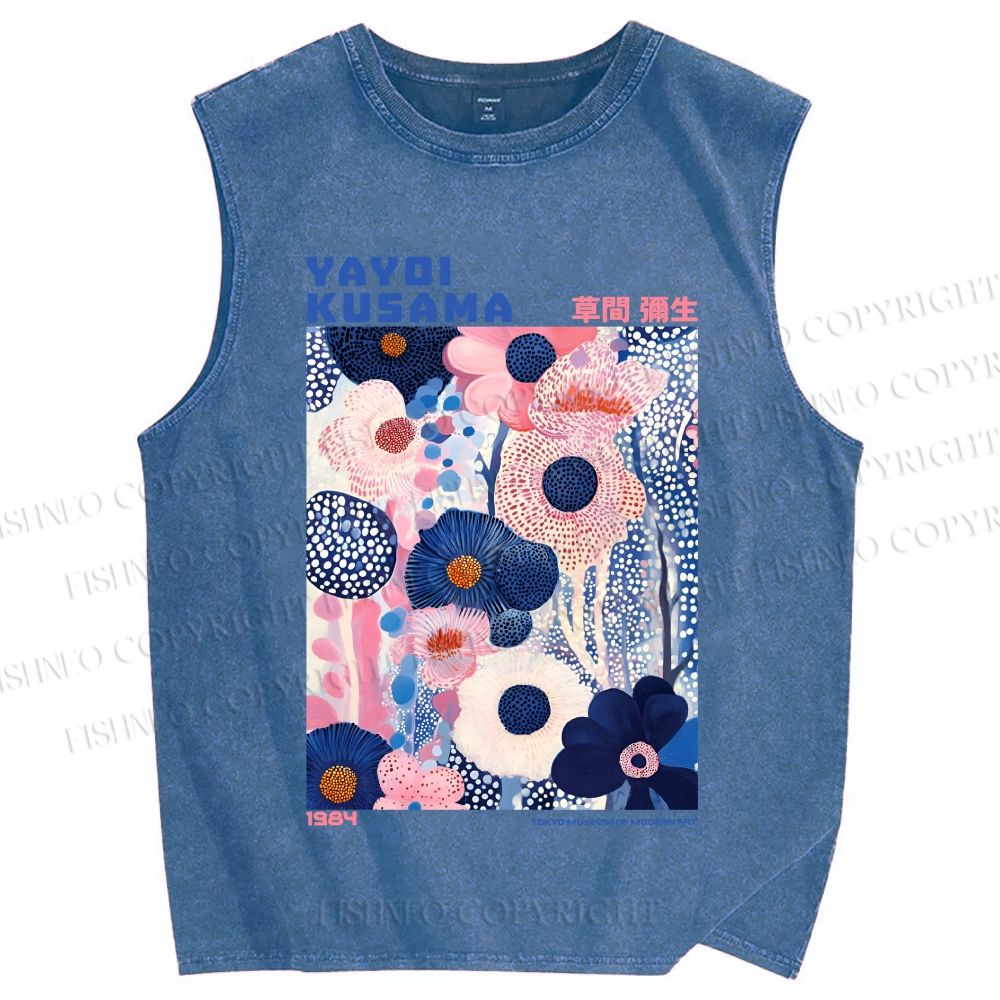 Unisex Yayoi Kusama Blue Pink Flowers Printed Washed Tank Top