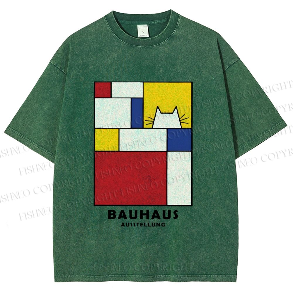 Unisex Bauhaus Cat Printed Washed Tee