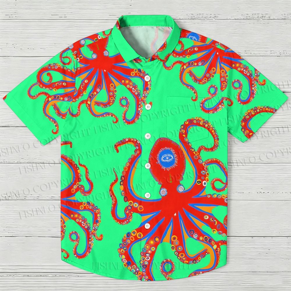 Red Octopus In Green Ocean Hawaiian Shirt