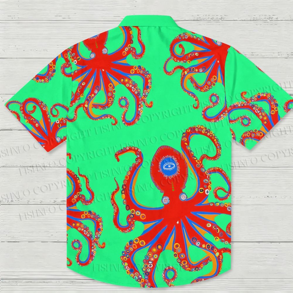 Red Octopus In Green Ocean Hawaiian Shirt