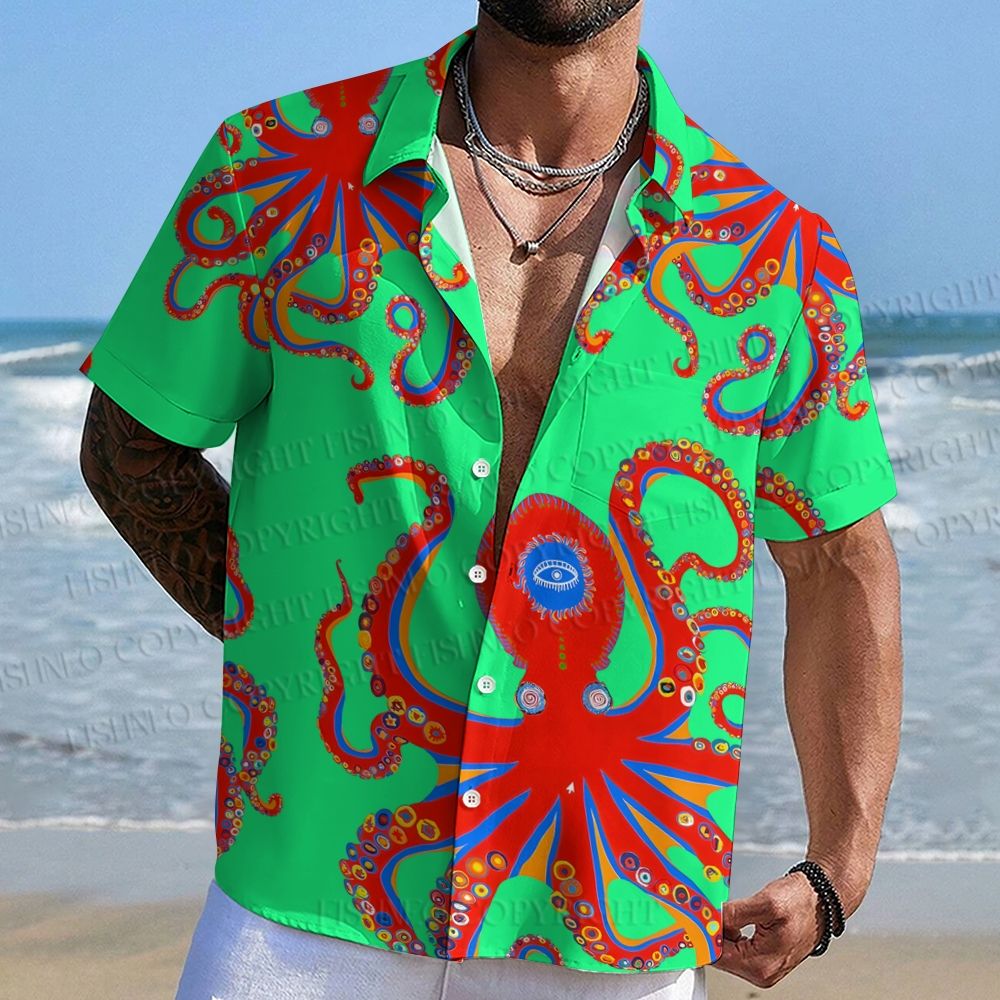 Red Octopus In Green Ocean Hawaiian Shirt