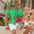 Red Octopus In Green Ocean Hawaiian Shirt