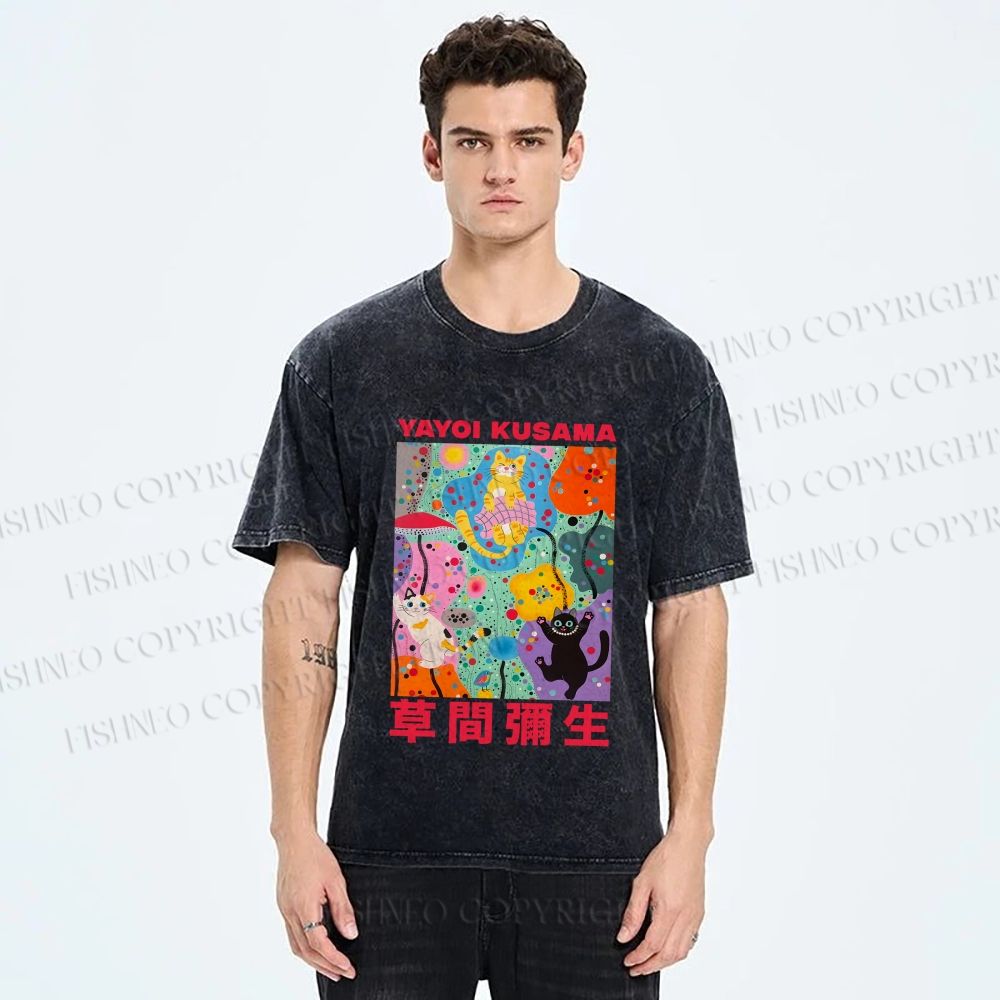 Unisex Yayoi Kusama Multicolor Cats Printed Washed Tee