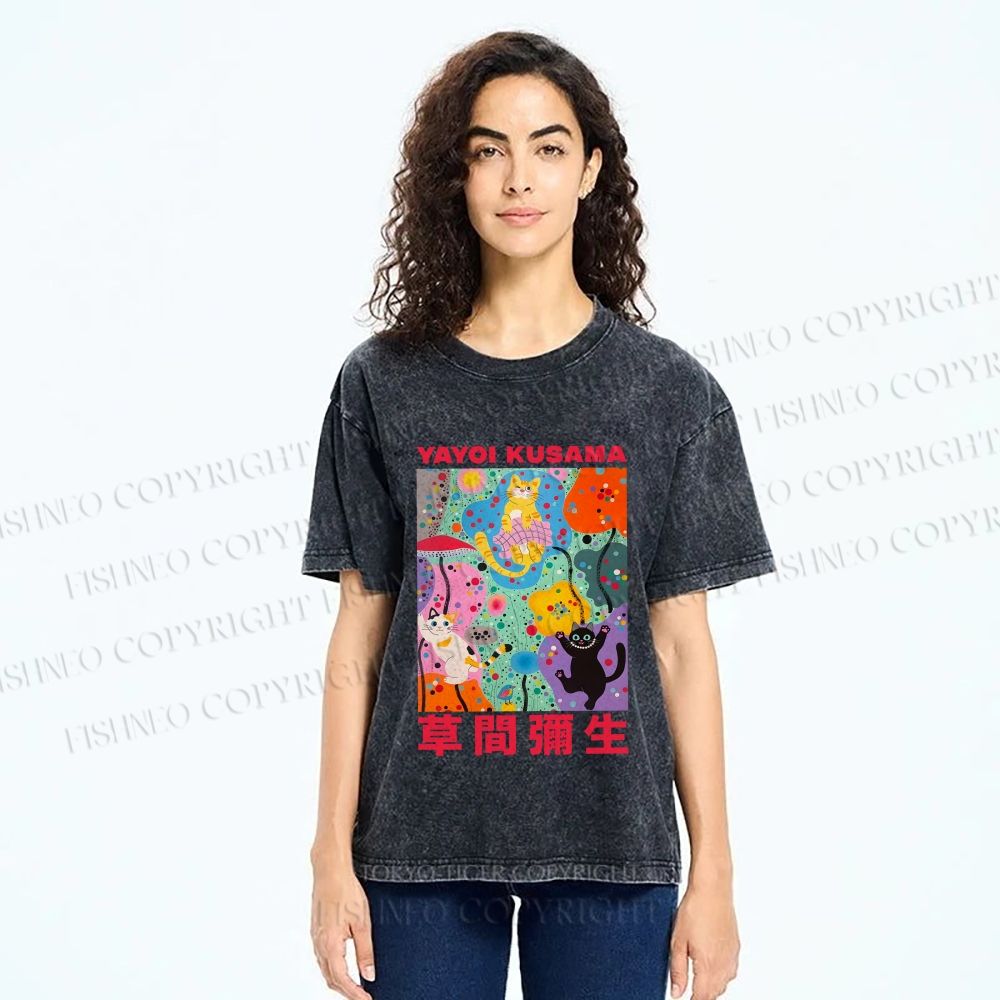 Unisex Yayoi Kusama Multicolor Cats Printed Washed Tee