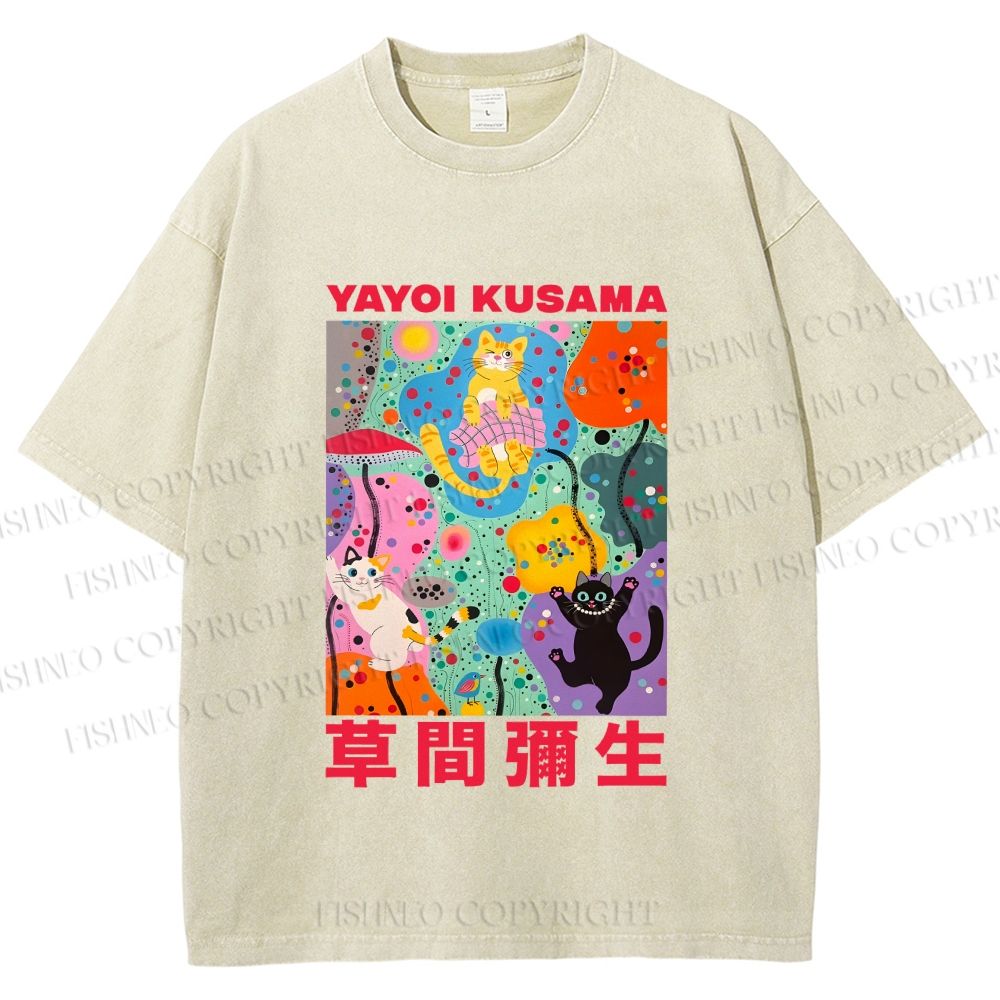 Unisex Yayoi Kusama Multicolor Cats Printed Washed Tee
