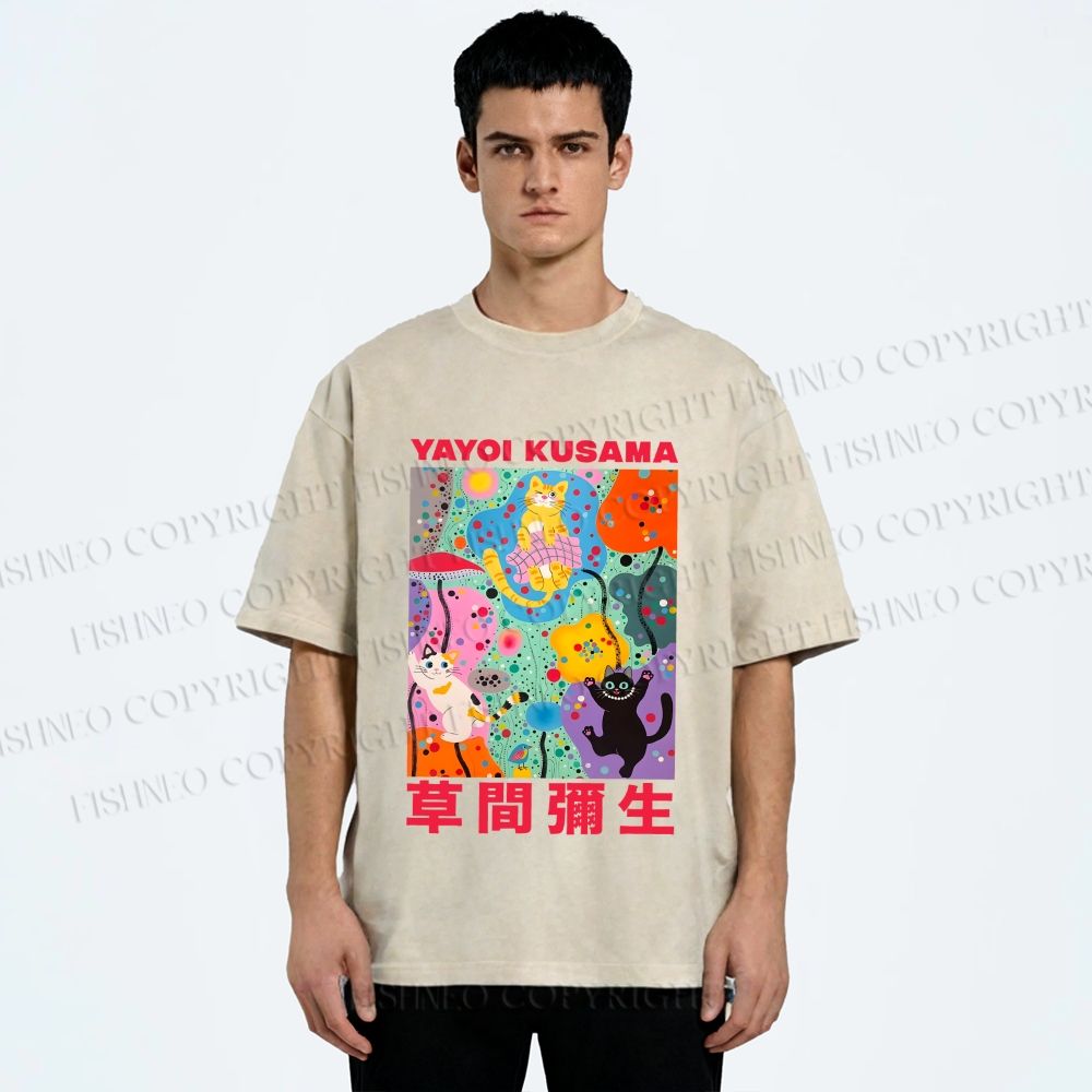 Unisex Yayoi Kusama Multicolor Cats Printed Washed Tee