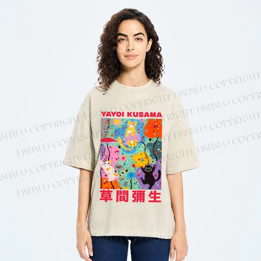 Unisex Yayoi Kusama Multicolor Cats Printed Washed Tee