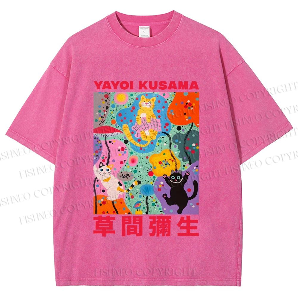 Unisex Yayoi Kusama Multicolor Cats Printed Washed Tee
