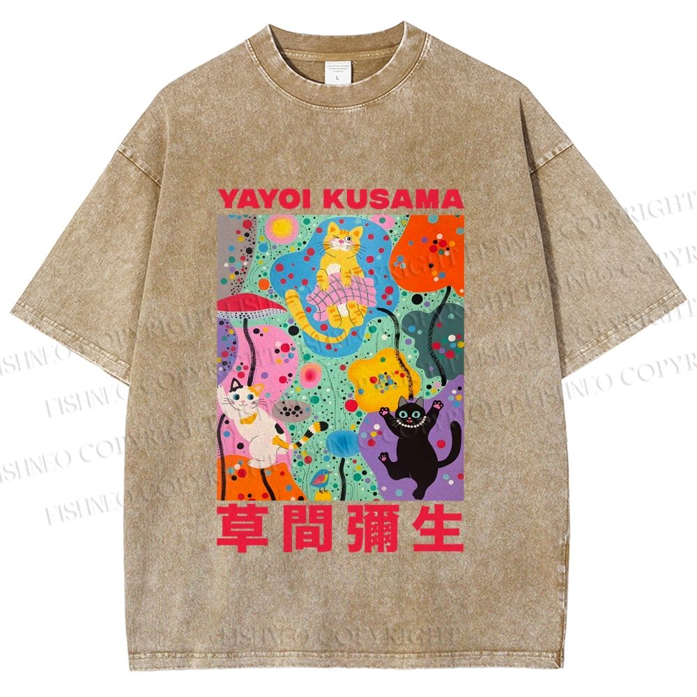 Unisex Yayoi Kusama Multicolor Cats Printed Washed Tee