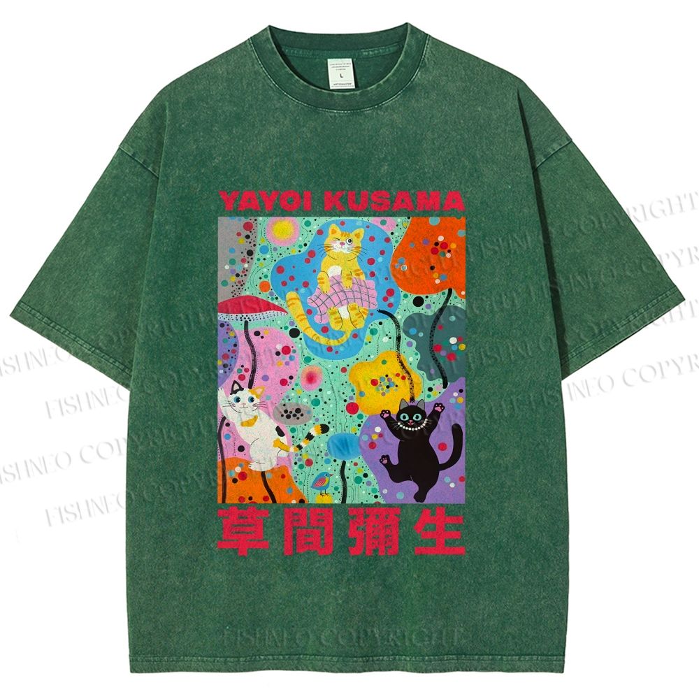 Unisex Yayoi Kusama Multicolor Cats Printed Washed Tee