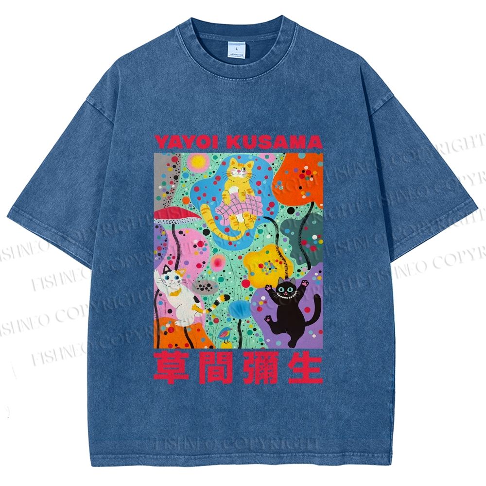 Unisex Yayoi Kusama Multicolor Cats Printed Washed Tee
