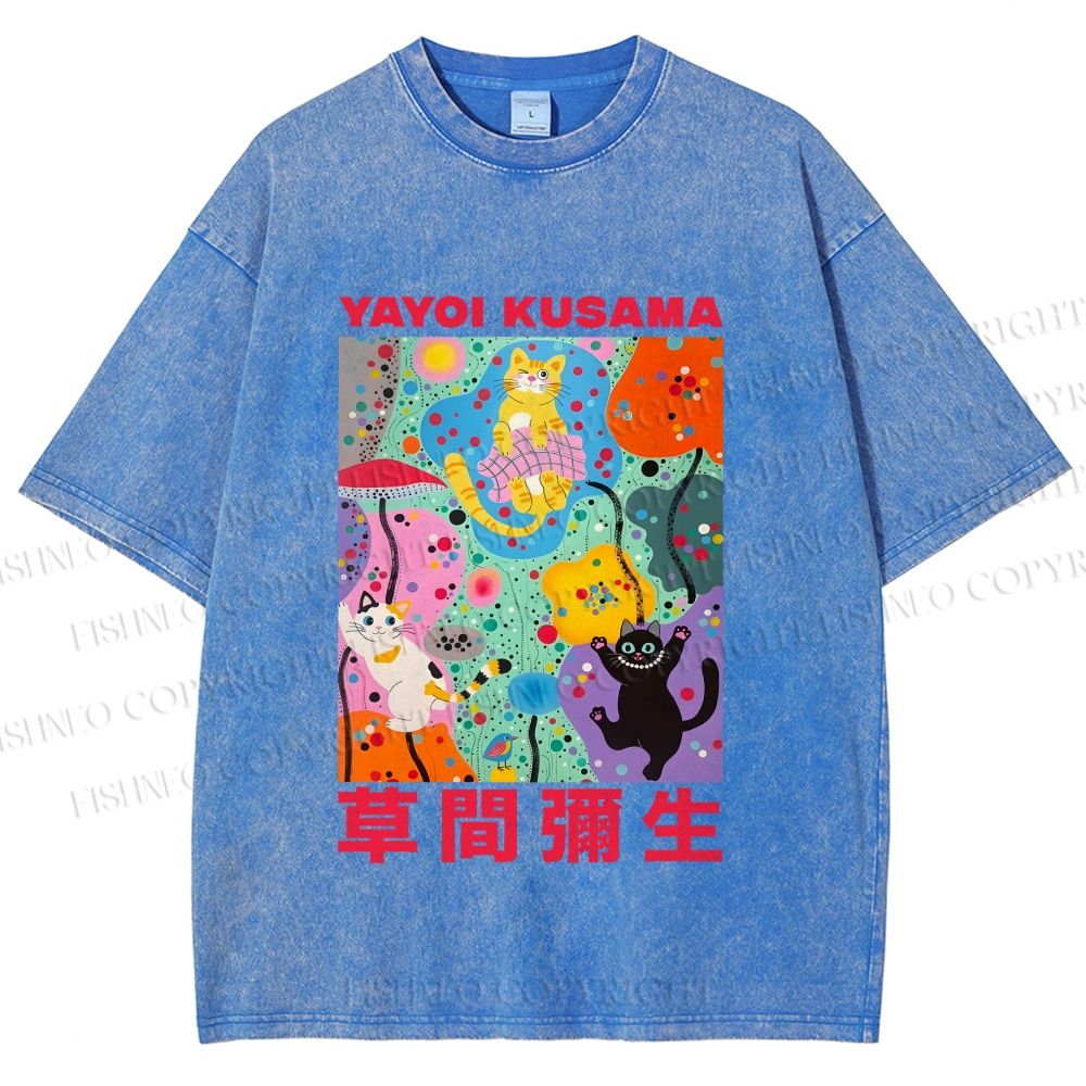 Unisex Yayoi Kusama Multicolor Cats Printed Washed Tee