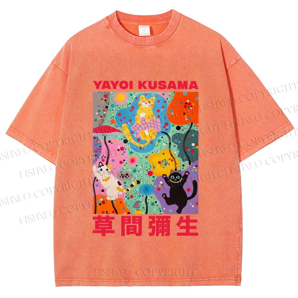 Unisex Yayoi Kusama Multicolor Cats Printed Washed Tee
