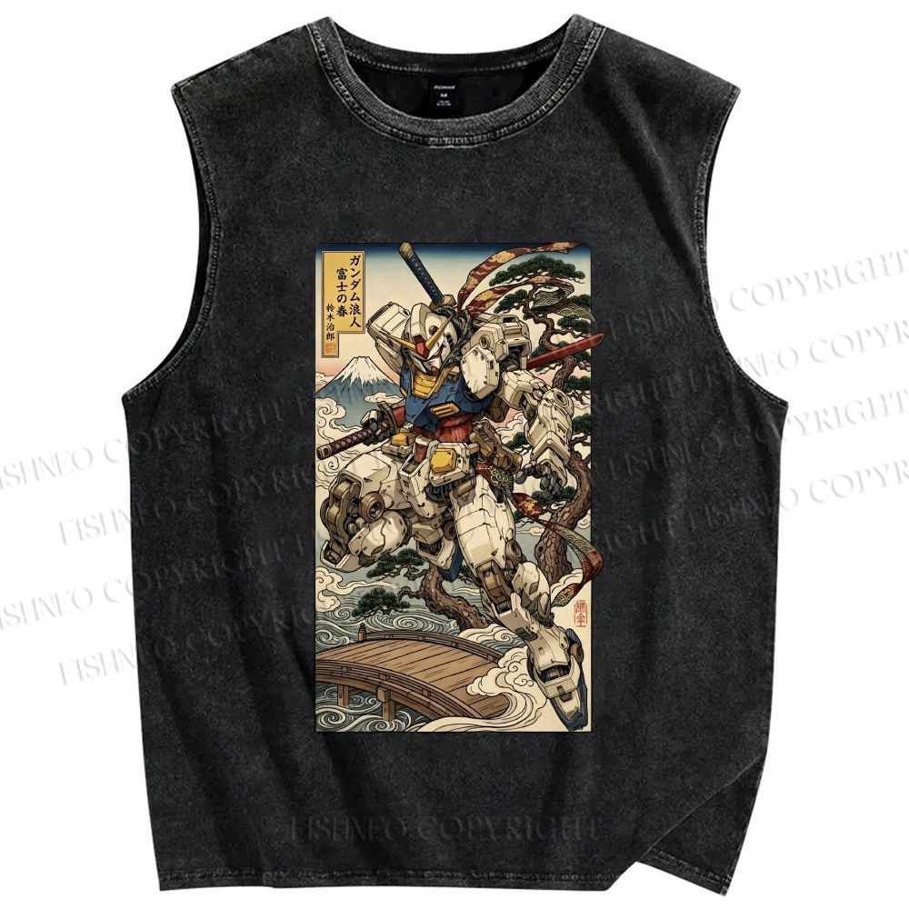 Unisex Ukiyo-e Gundam Printed Washed Tank Top