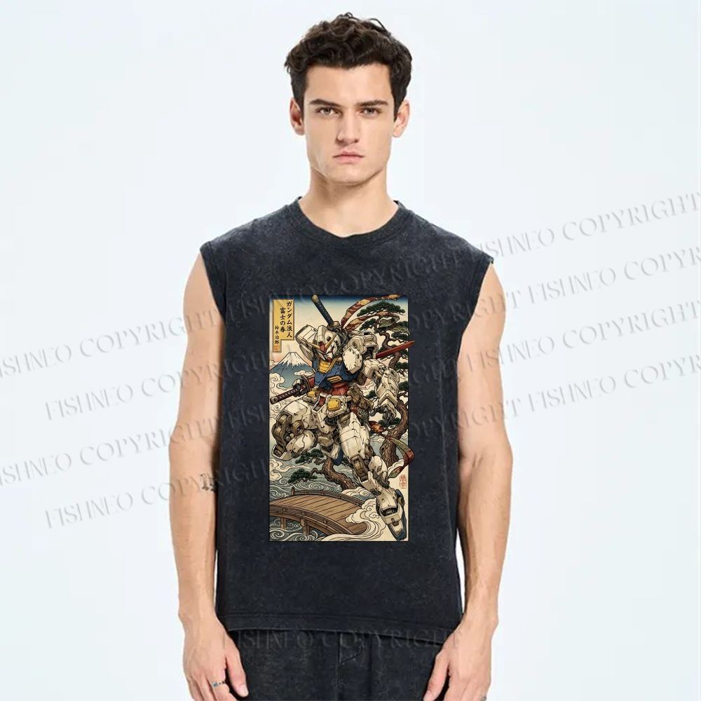Unisex Ukiyo-e Gundam Printed Washed Tank Top