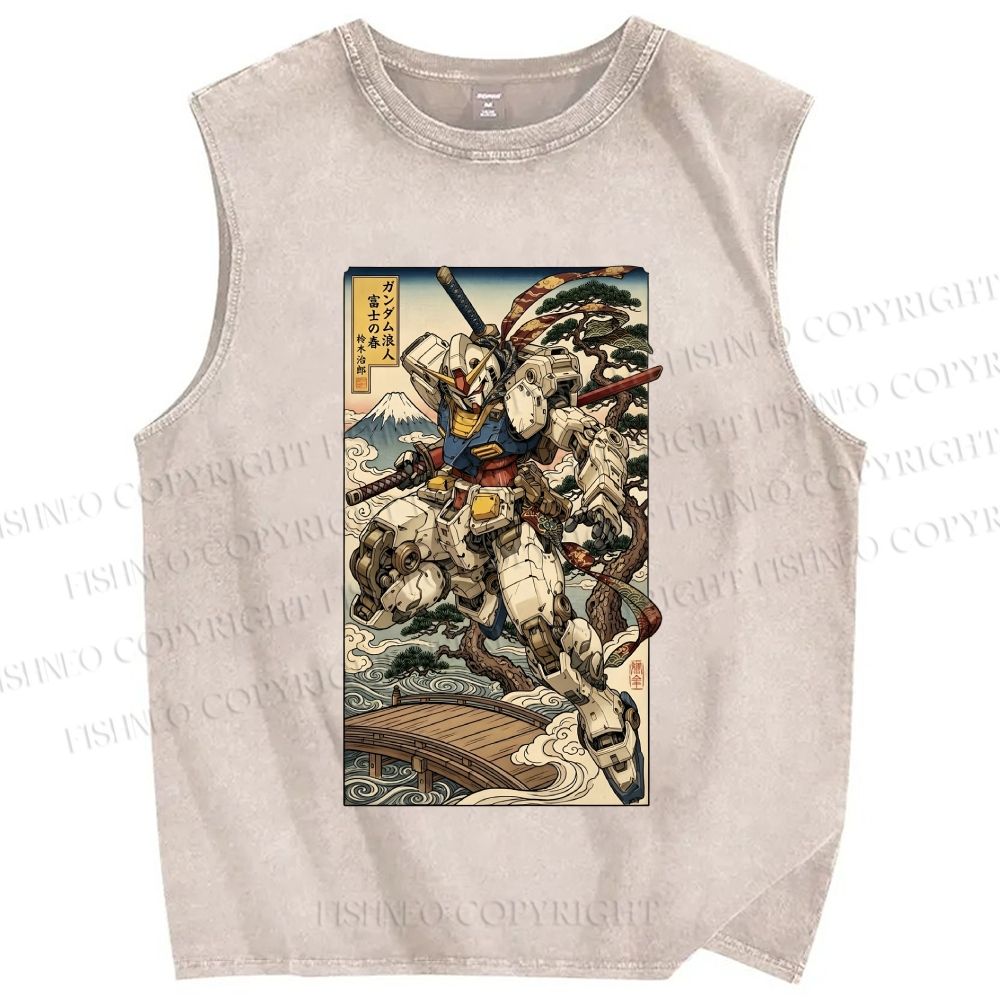 Unisex Ukiyo-e Gundam Printed Washed Tank Top