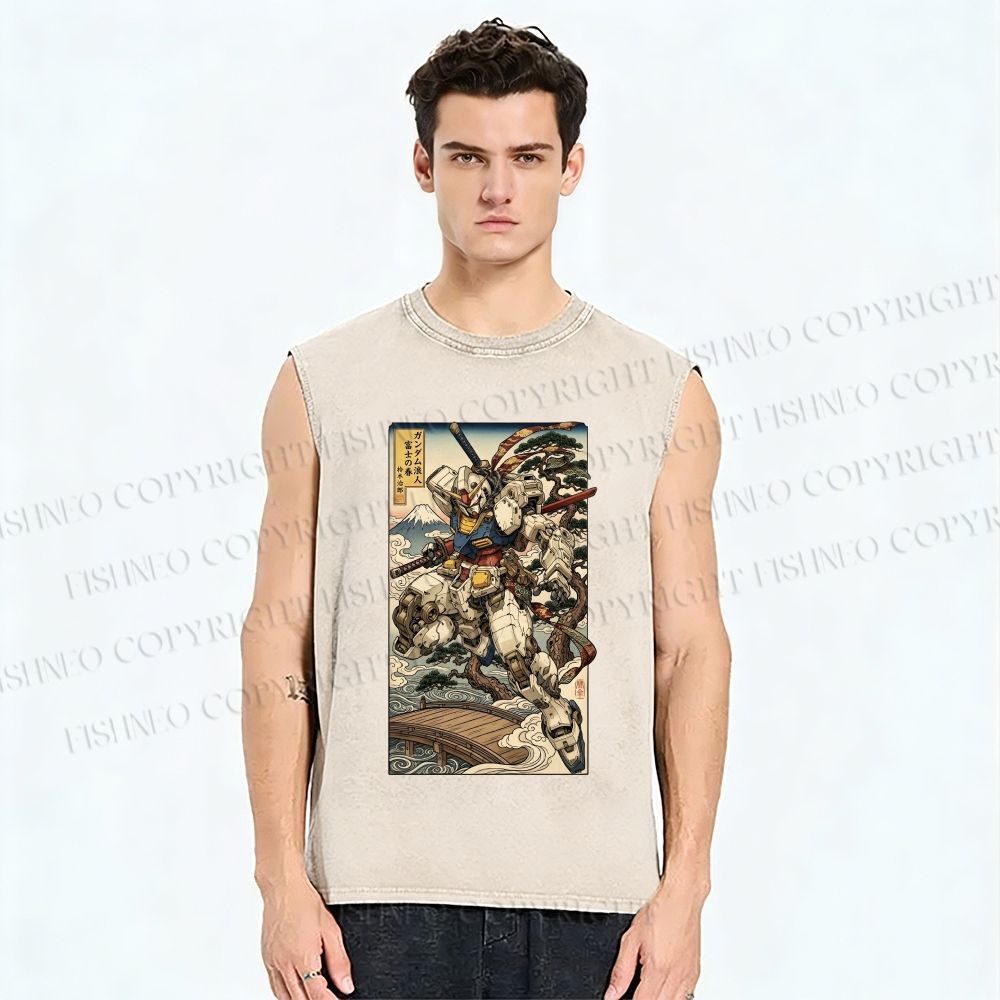 Unisex Ukiyo-e Gundam Printed Washed Tank Top