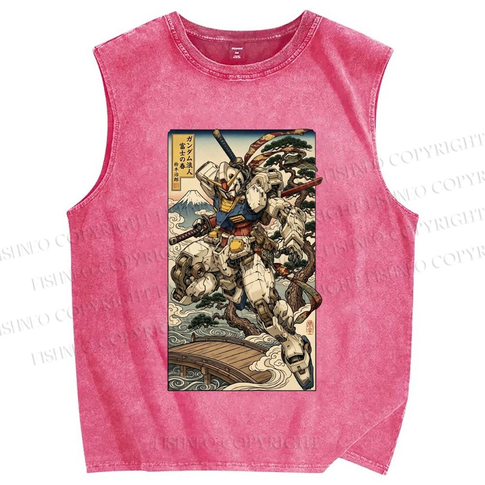 Unisex Ukiyo-e Gundam Printed Washed Tank Top