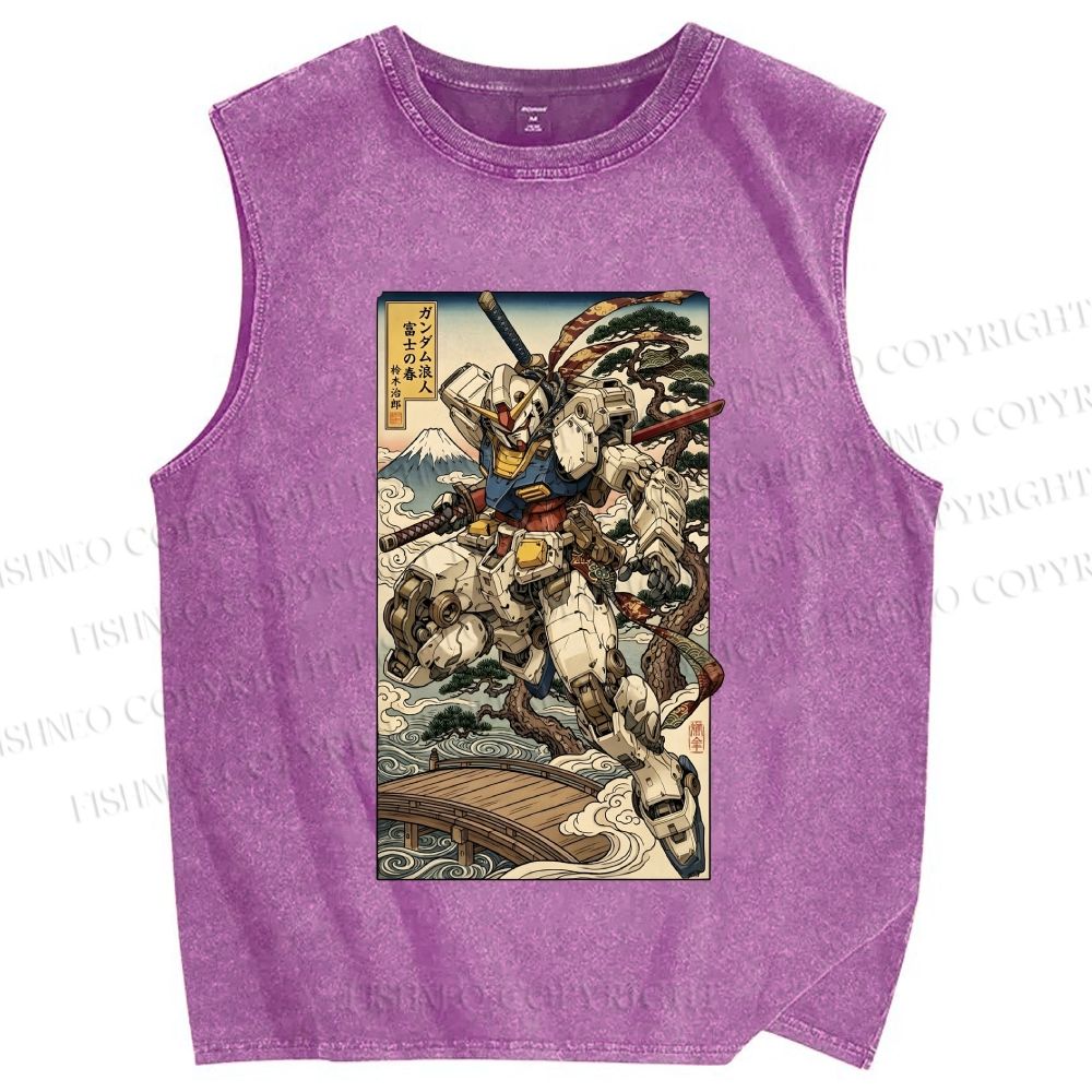 Unisex Ukiyo-e Gundam Printed Washed Tank Top