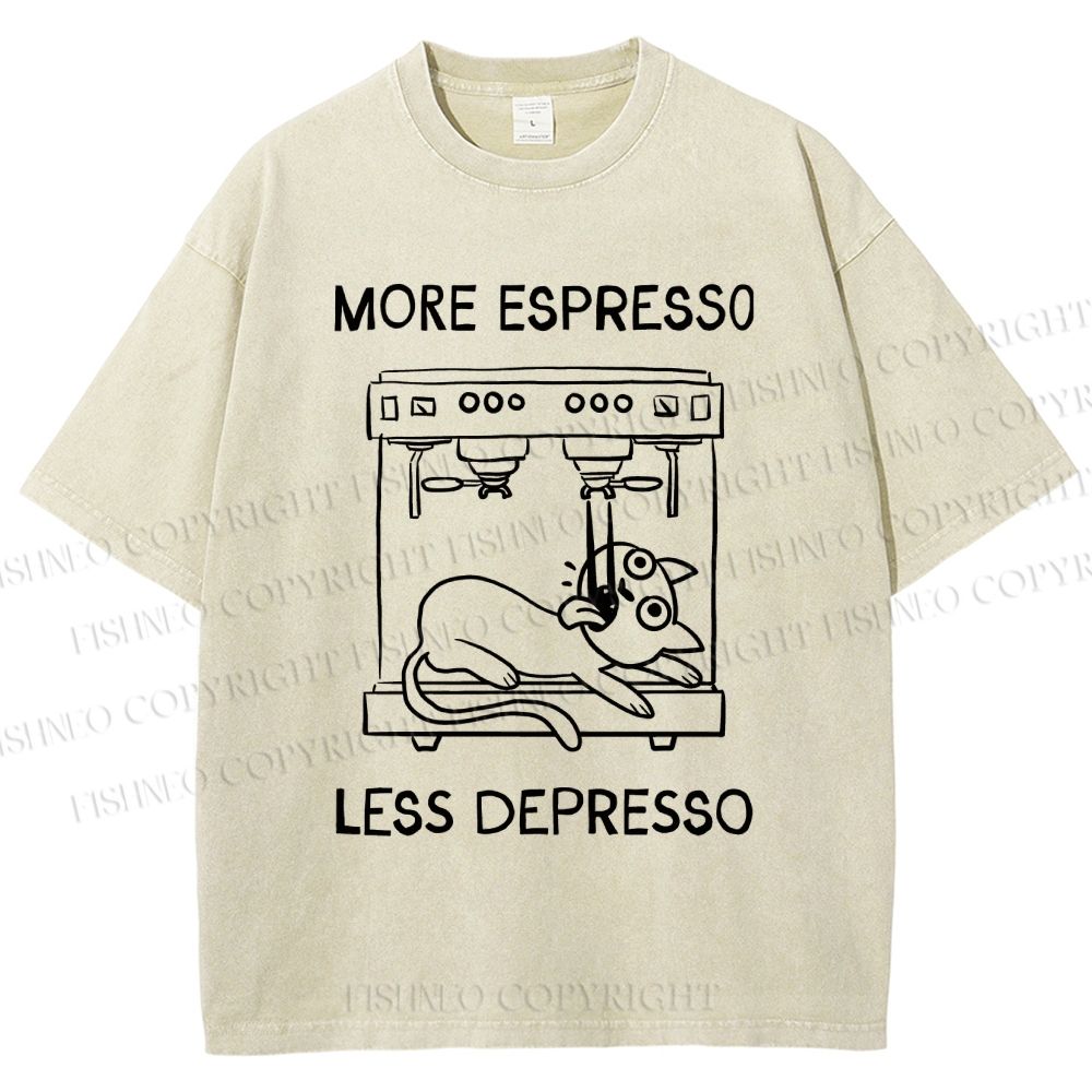 Unisex More Espresso Less Depresso Cat Printed Washed Tee