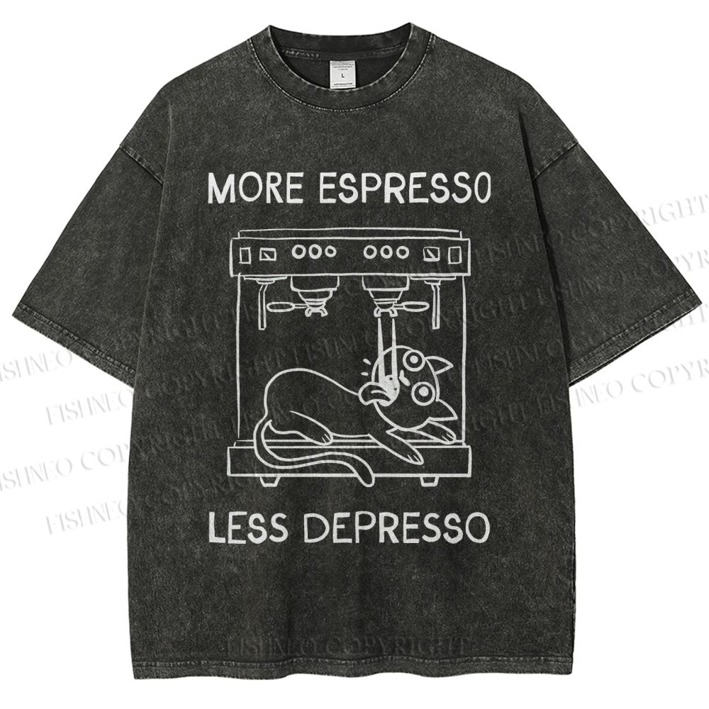 Unisex More Espresso Less Depresso Cat Printed Washed Tee